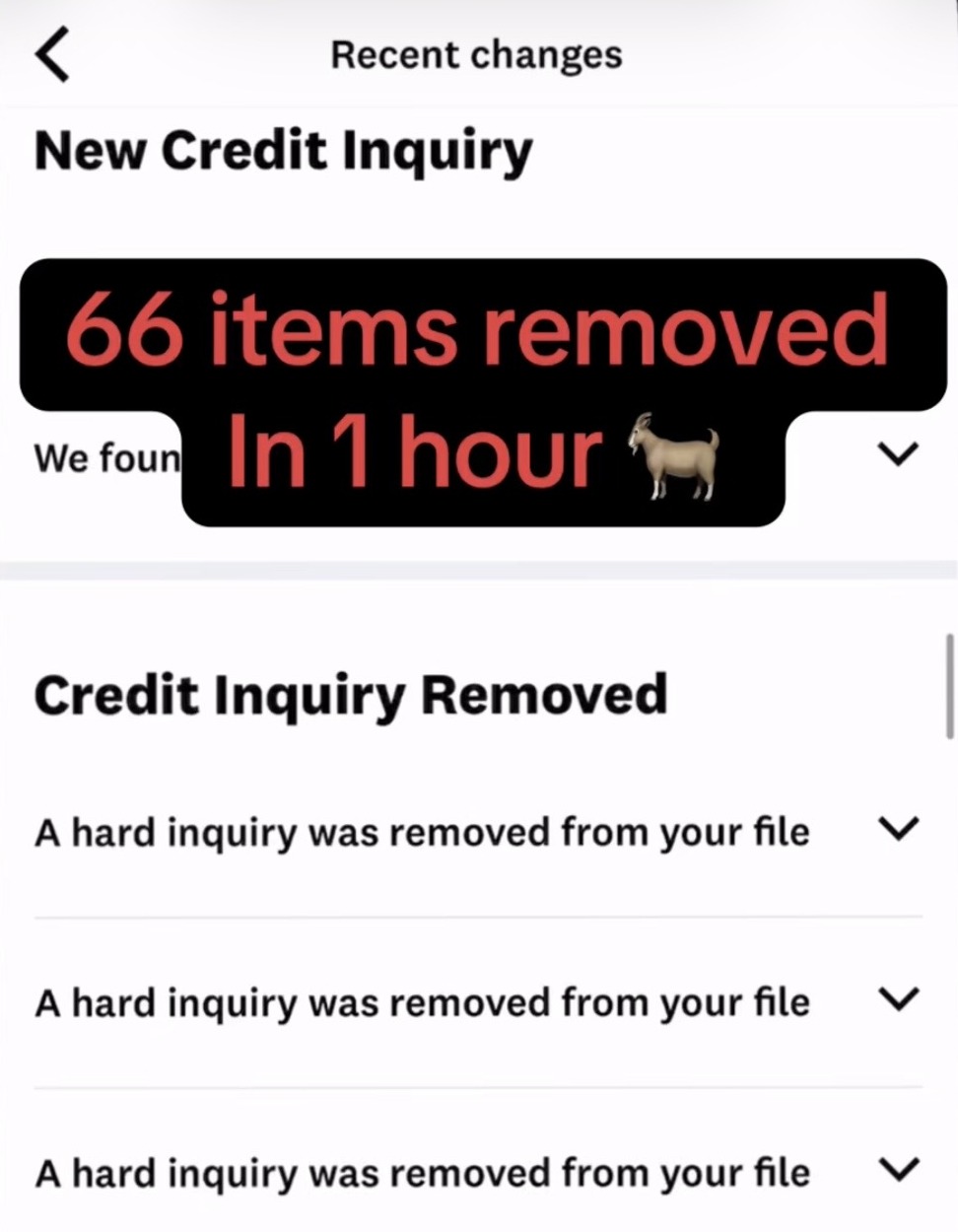 Credit report showing multiple hard inquiries removed